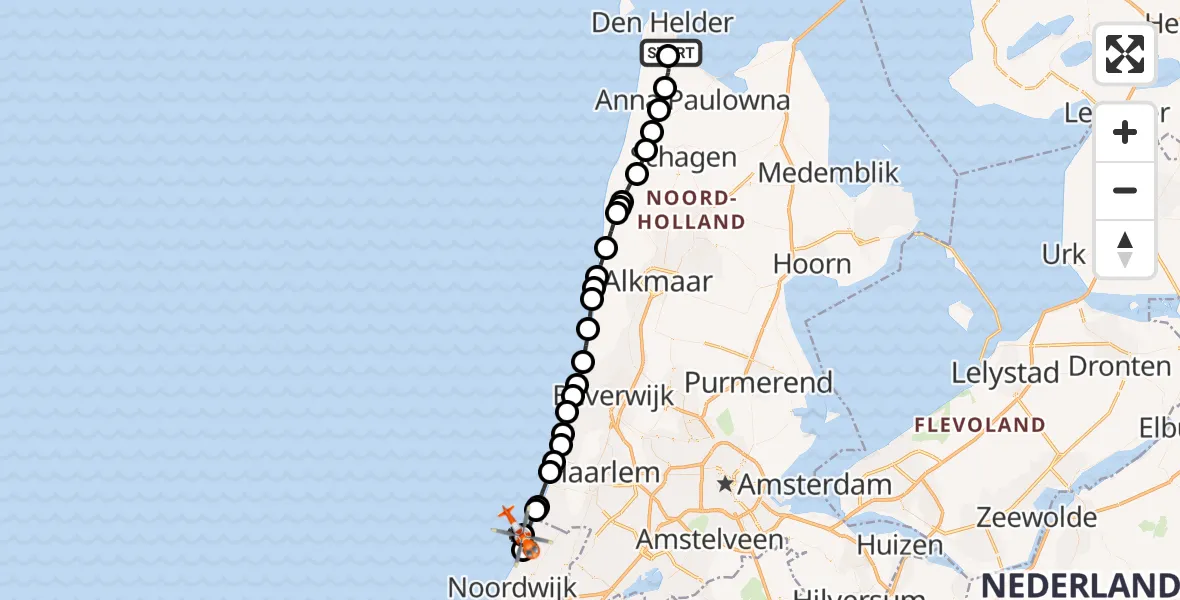 Vluchtroute Kustwachthelikopter van Militair vliegveld De Kooy / Den Helder Airport naar Noordzee