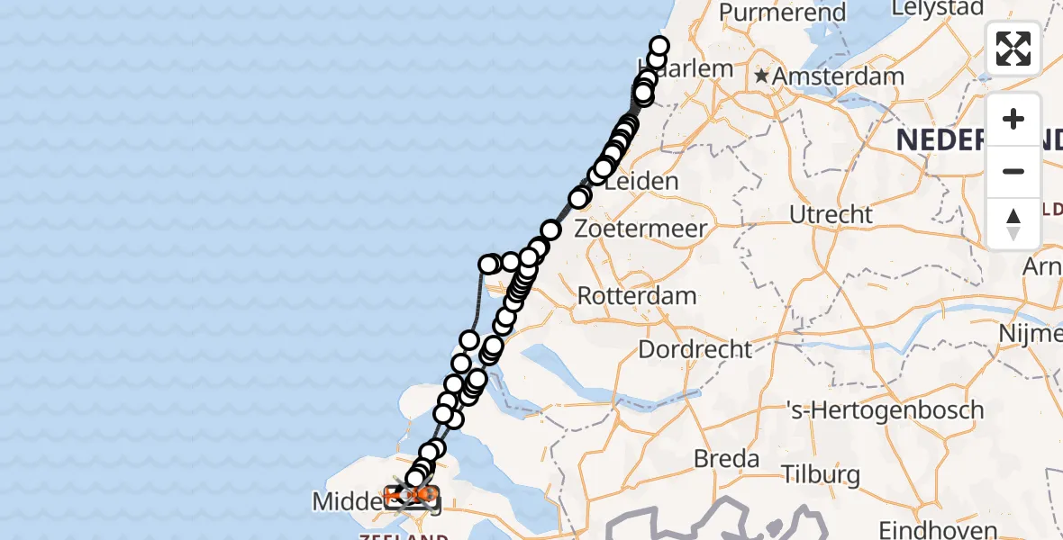 Vluchtroute Kustwachthelikopter van Vliegveld Midden-Zeeland naar Arnemuiden