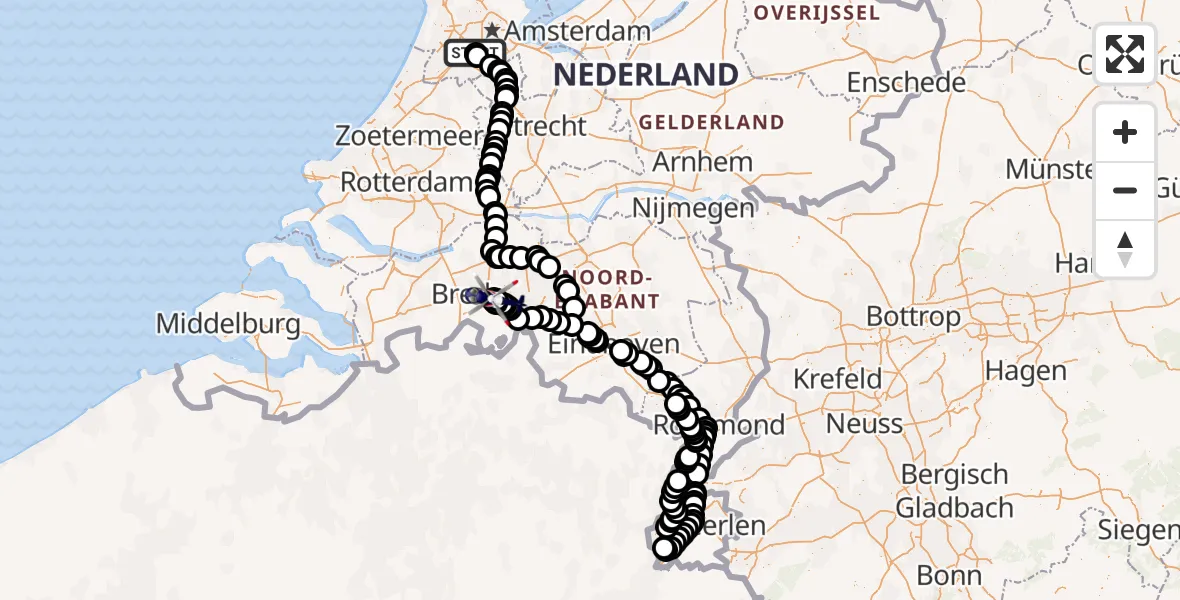 Vluchtroute Politiehelikopter van Amsterdam Vliegveld Schiphol naar Vliegbasis Gilze Rijen
