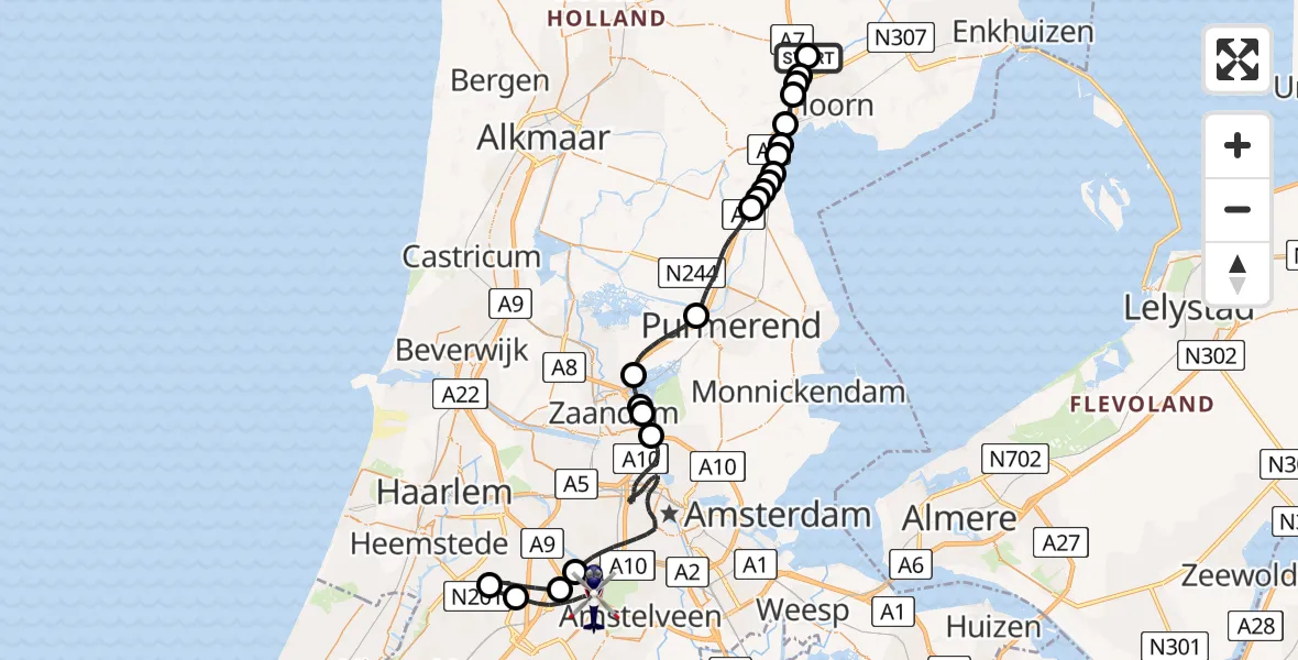 Vluchtroute Politiehelikopter van Nibbixwoud naar Amsterdam Vliegveld Schiphol