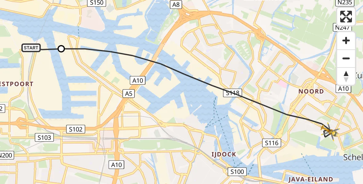 Vluchtroute Traumahelikopter van Amsterdam Heliport naar Amsterdam