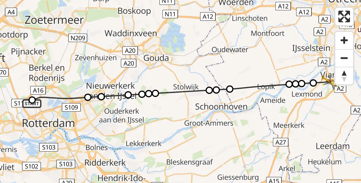 Vluchtroute Traumahelikopter van Rotterdam The Hague Airport naar Vianen