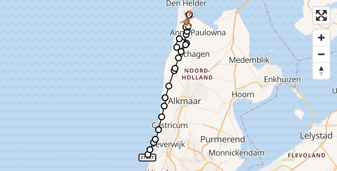 Vluchtroute Kustwachthelikopter van Noordzee naar Julianadorp