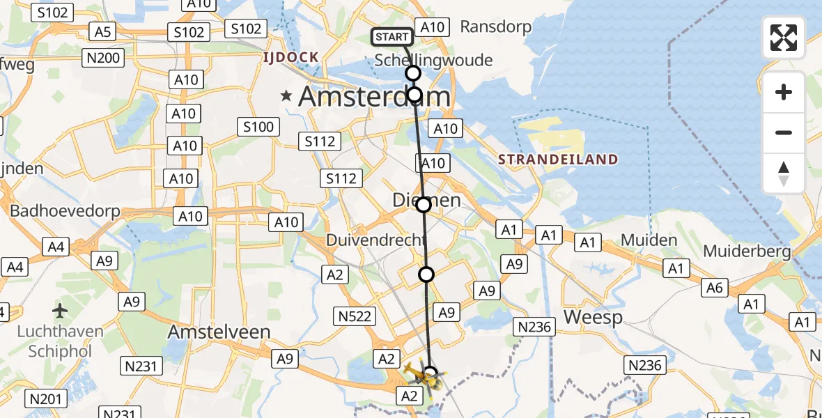 Vluchtroute Traumahelikopter van Amsterdam naar Amsterdam UMC Helipad
