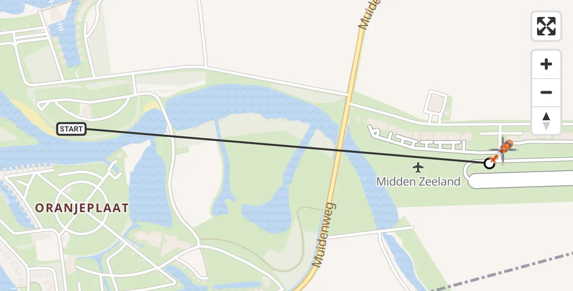 Vluchtroute Kustwachthelikopter van Veerse Meer naar Vliegveld Midden-Zeeland