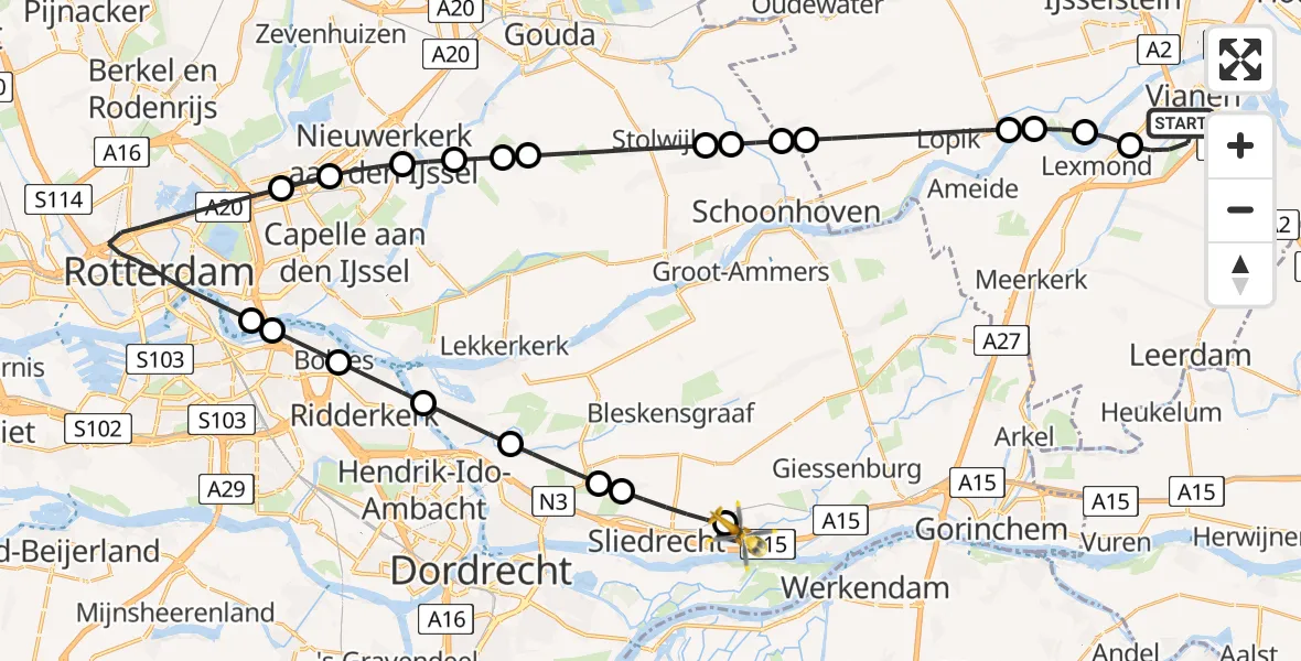 Vluchtroute Traumahelikopter van Vianen naar Hardinxveld-Giessendam