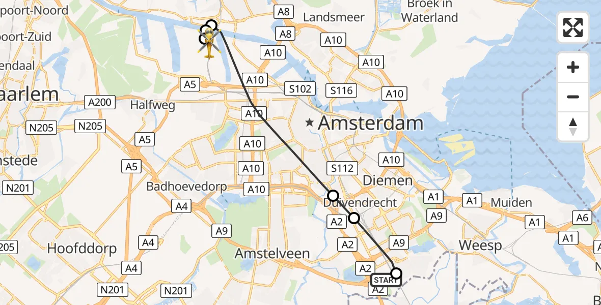 Vluchtroute Traumahelikopter van Amsterdam UMC Helipad naar Amsterdam Heliport