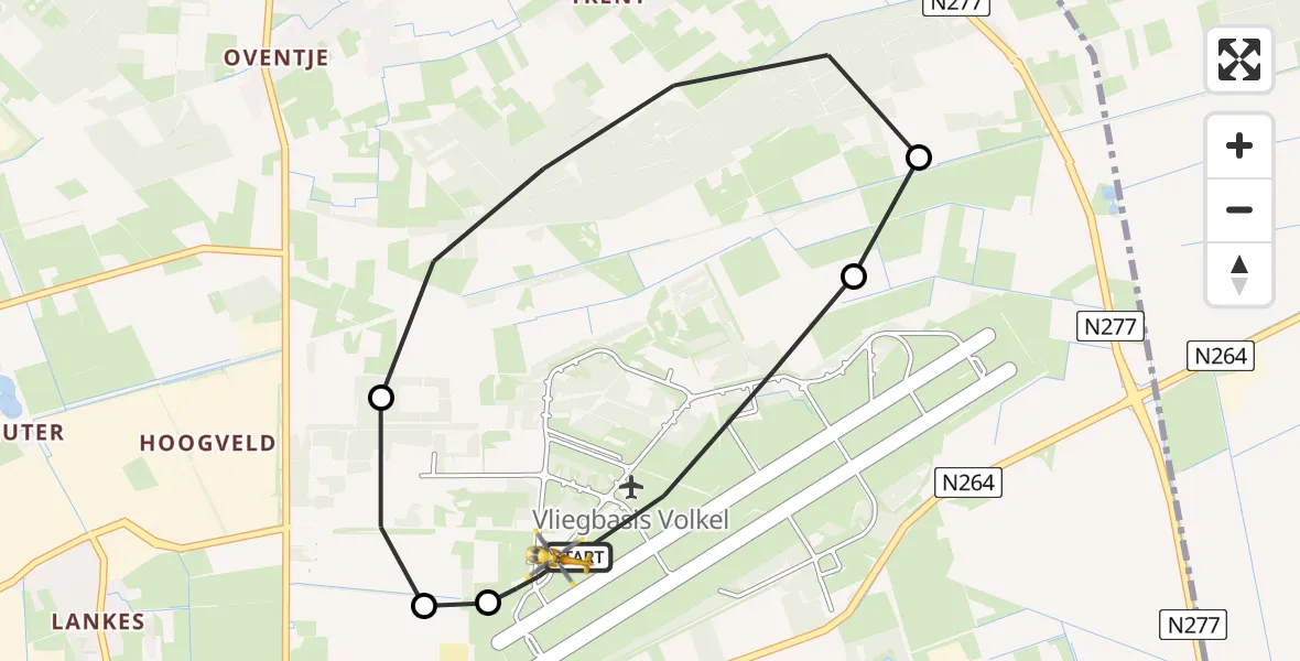 Vluchtroute Traumahelikopter van Vliegbasis Volkel naar Vliegbasis Volkel
