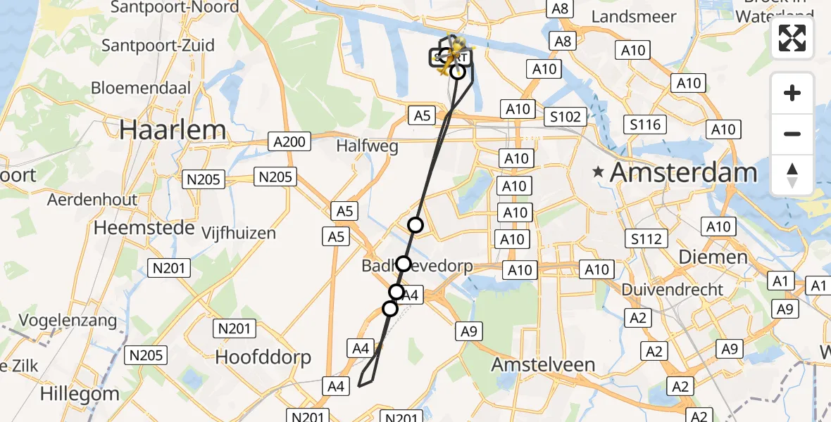 Vluchtroute Traumahelikopter van Amsterdam Heliport naar Amsterdam Heliport