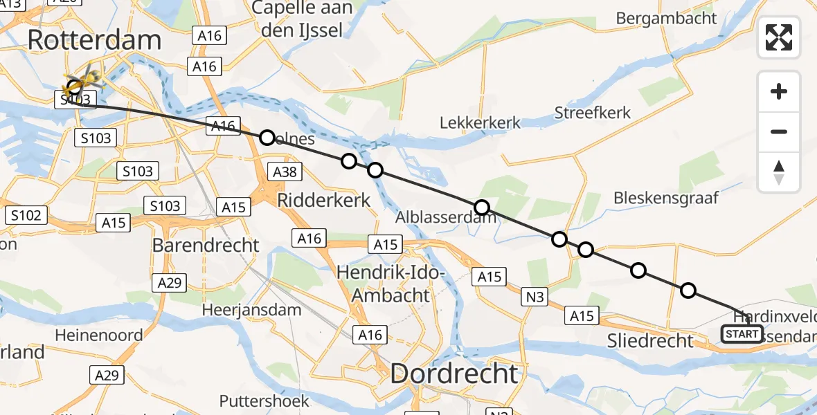 Vluchtroute Traumahelikopter van Hardinxveld-Giessendam naar Erasmus MC