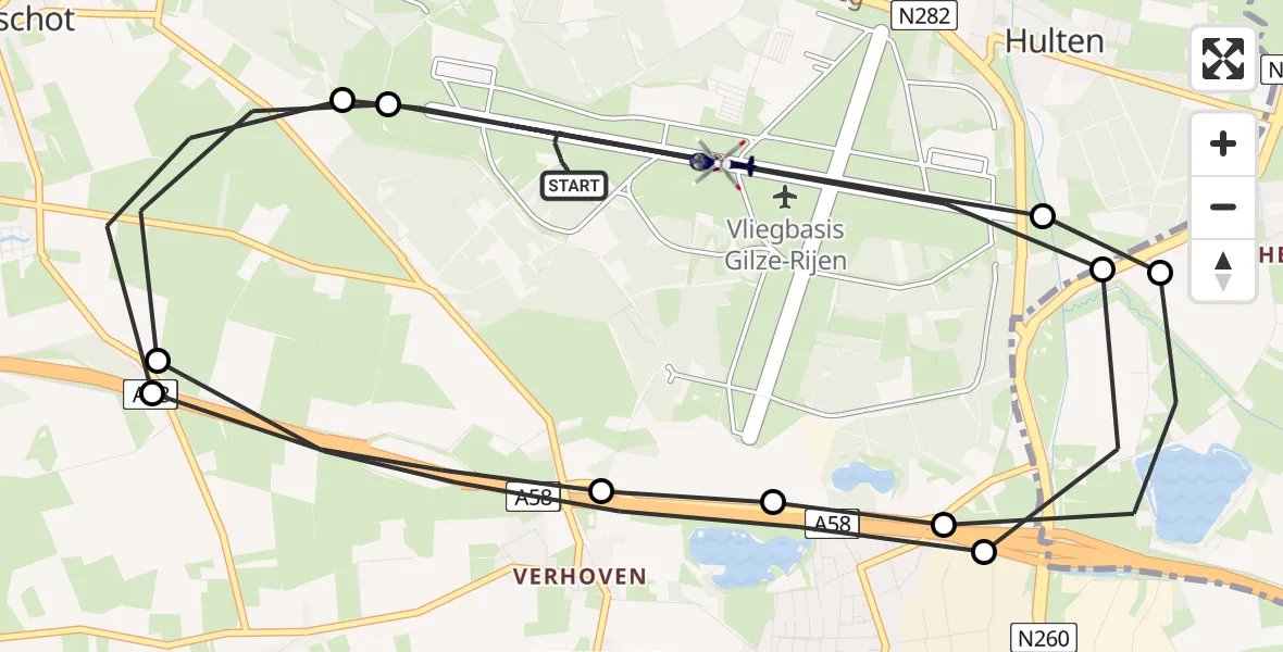 Vluchtroute Politiehelikopter van Vliegbasis Gilze Rijen naar Vliegbasis Gilze Rijen