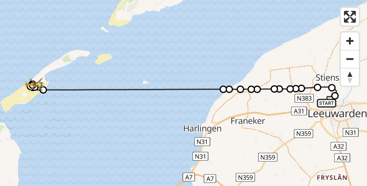 Vluchtroute Ambulancehelikopter van Vliegbasis Leeuwarden naar Vliehors Shooting Range and Heliport