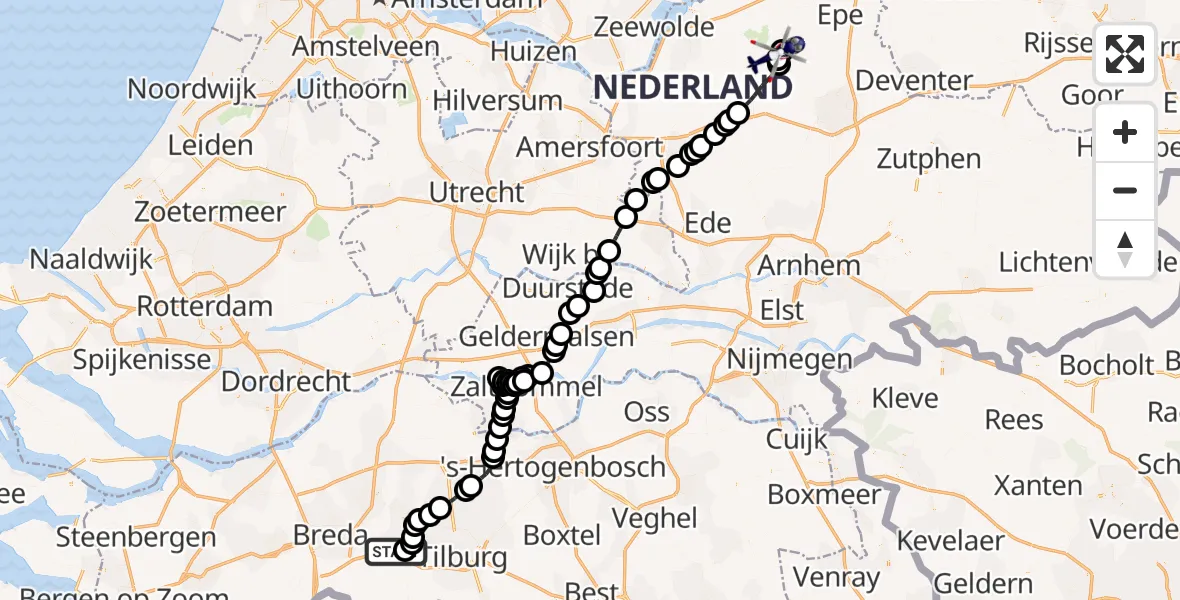 Vluchtroute Politiehelikopter van Vliegbasis Gilze Rijen naar Elspeet