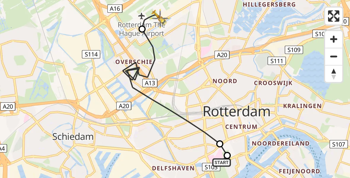 Vluchtroute Traumahelikopter van Erasmus MC naar Rotterdam The Hague Airport