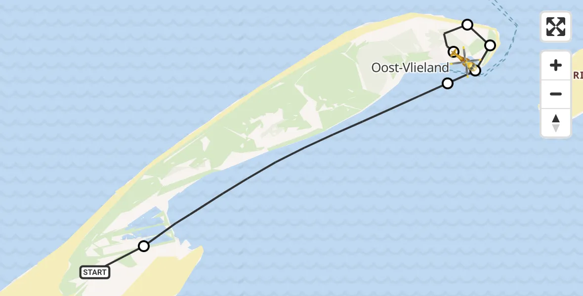 Vluchtroute Ambulancehelikopter van Vliehors Shooting Range and Heliport naar Vlieland Heliport