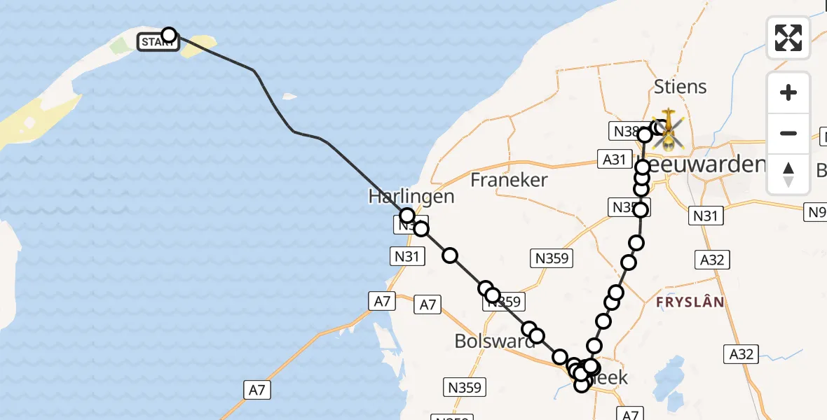 Vluchtroute Ambulancehelikopter van Vlieland Heliport naar Vliegbasis Leeuwarden