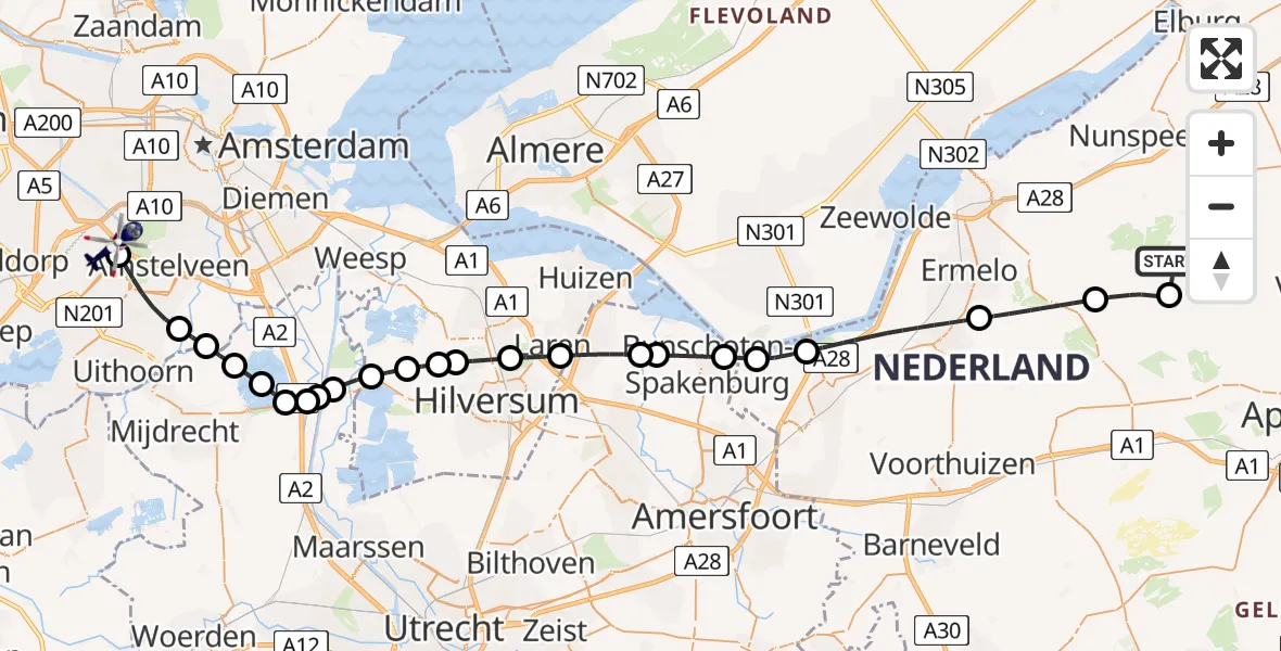 Vluchtroute Politiehelikopter van Vierhouten naar Amsterdam Vliegveld Schiphol