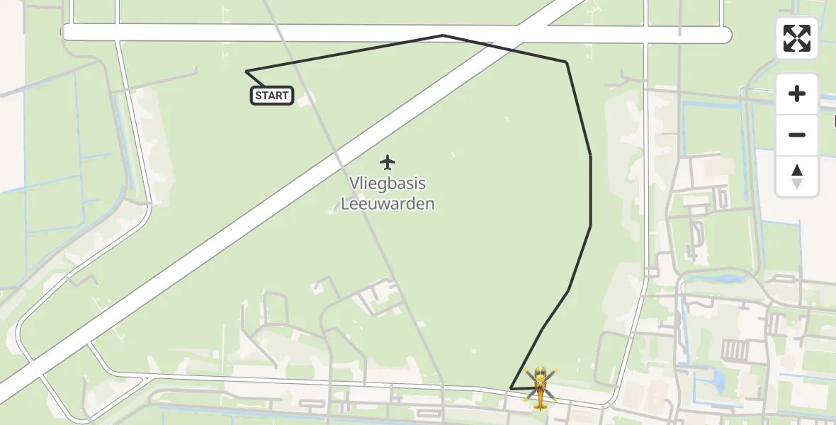 Vluchtroute Ambulancehelikopter van Vliegbasis Leeuwarden naar Vliegbasis Leeuwarden