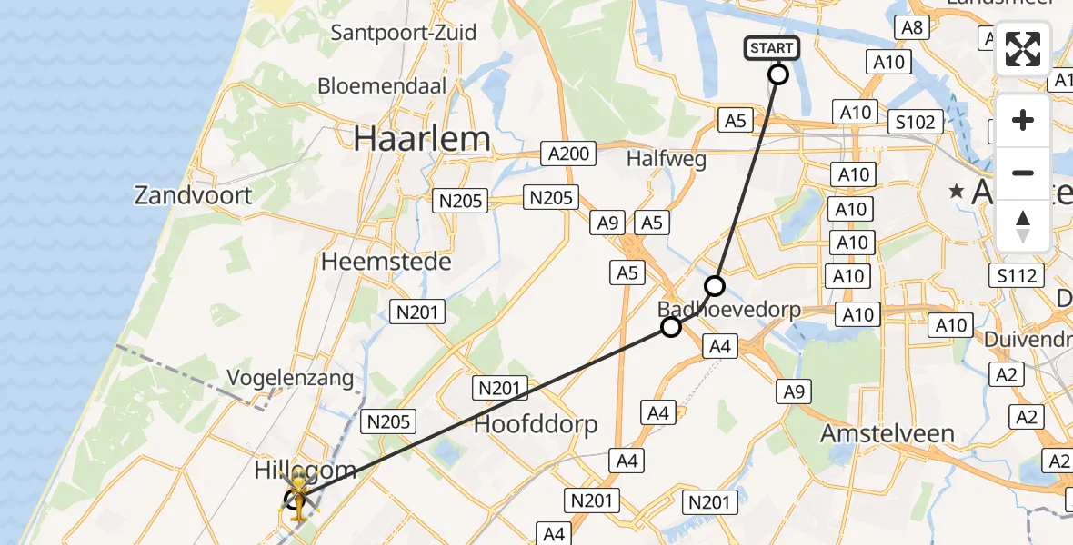 Vluchtroute Traumahelikopter van Amsterdam Heliport naar Hillegom