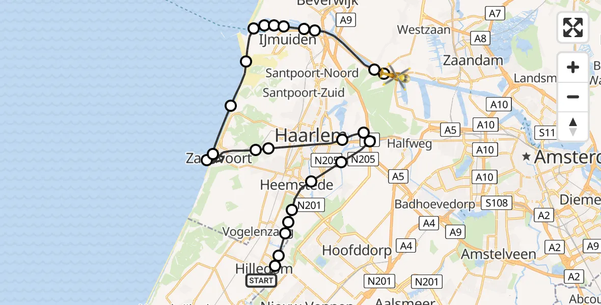 Vluchtroute Traumahelikopter van Hillegom naar Spaarndam