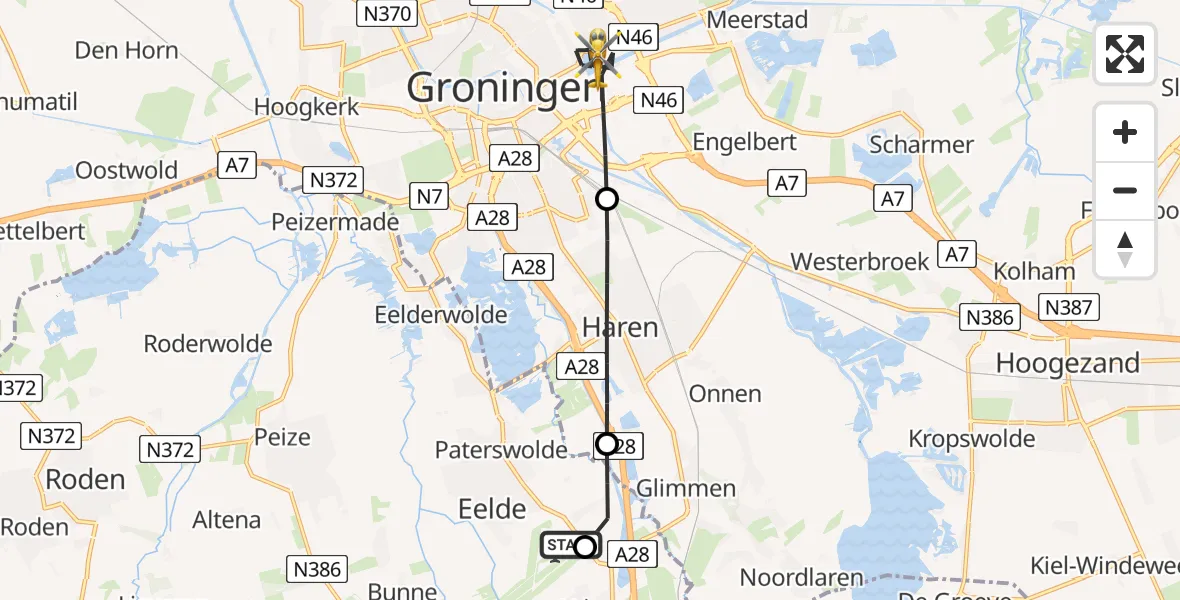 Vluchtroute Traumahelikopter van Groningen Airport Eelde naar Groningen