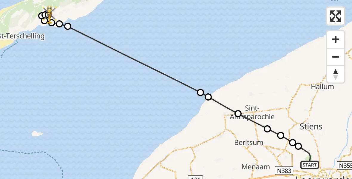 Vluchtroute Ambulancehelikopter van Vliegbasis Leeuwarden naar Terschelling Heliport