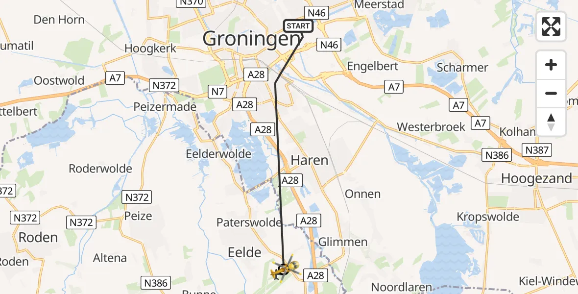 Vluchtroute Traumahelikopter van Groningen naar Groningen Airport Eelde
