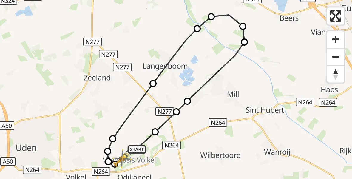 Vluchtroute Traumahelikopter van Vliegbasis Volkel naar Vliegbasis Volkel