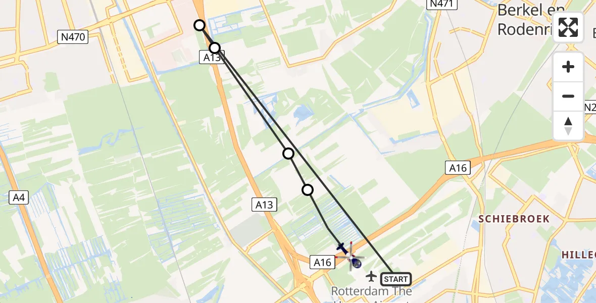 Vluchtroute Politiehelikopter van Rotterdam The Hague Airport naar Rotterdam