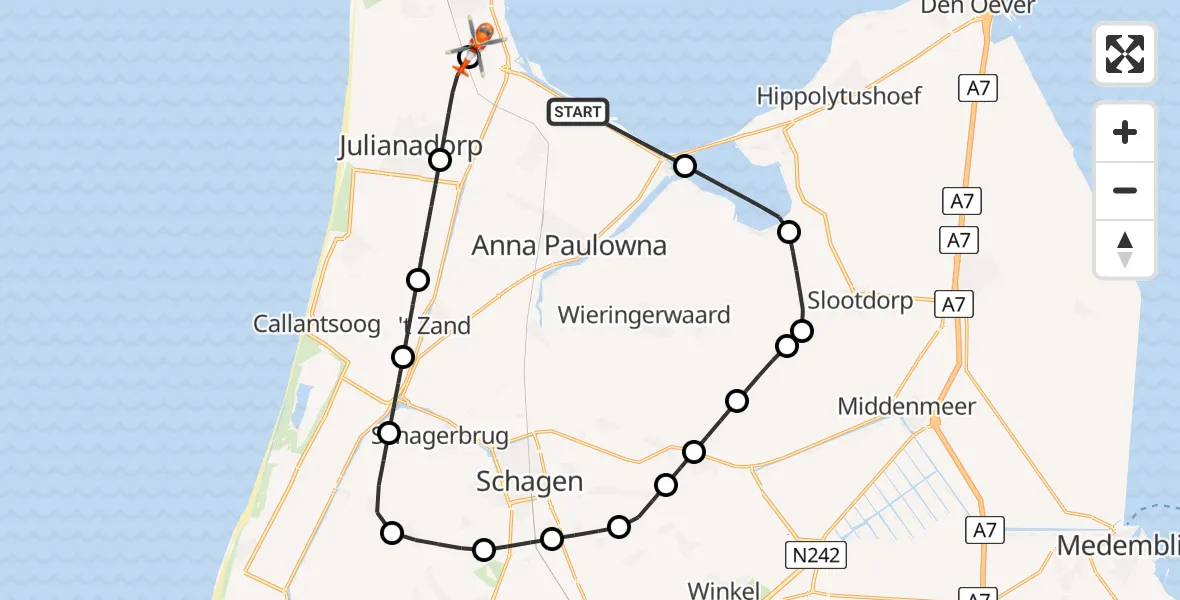 Vluchtroute Kustwachthelikopter van Breezand naar Militair vliegveld De Kooy / Den Helder Airport