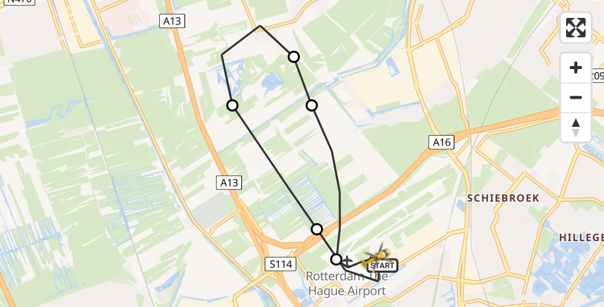 Vluchtroute Traumahelikopter van Rotterdam The Hague Airport naar Rotterdam The Hague Airport