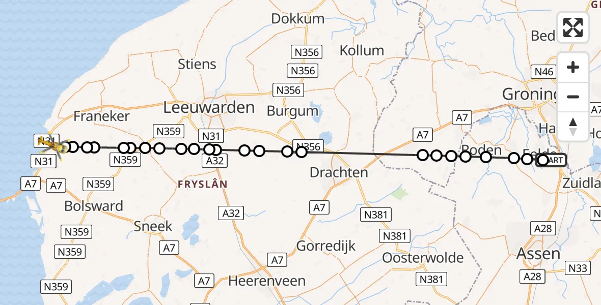 Vluchtroute Traumahelikopter van Groningen Airport Eelde naar Kimswerd