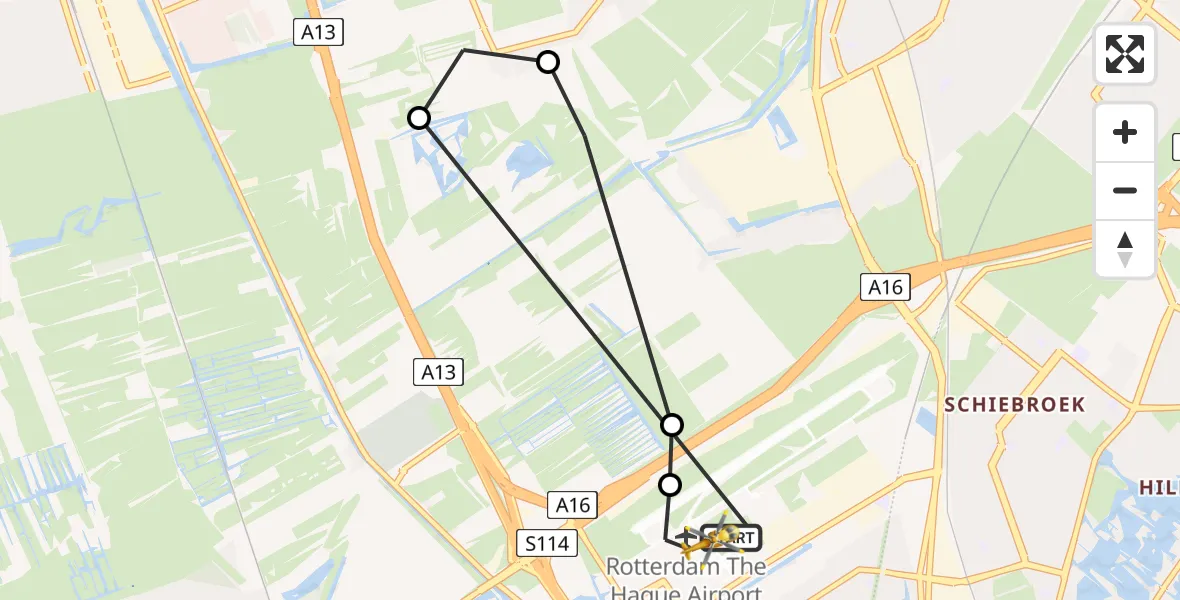 Vluchtroute Traumahelikopter van Rotterdam The Hague Airport naar Rotterdam The Hague Airport