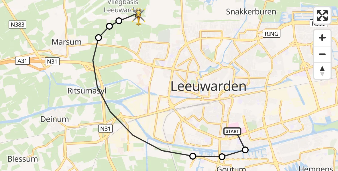 Vluchtroute Ambulancehelikopter van Leeuwarden Medical Center Heliport naar Vliegbasis Leeuwarden