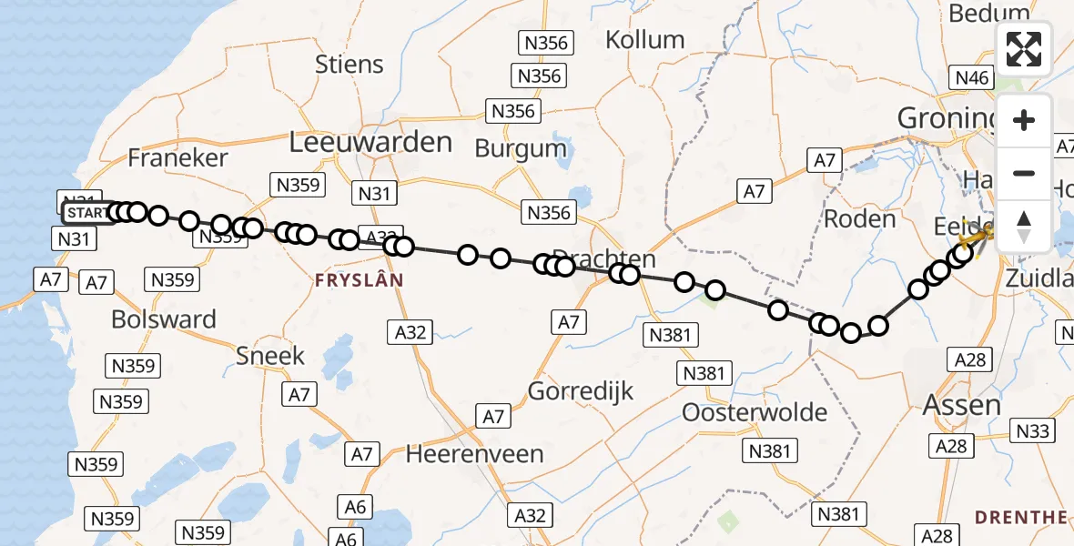 Vluchtroute Traumahelikopter van Kimswerd naar Groningen Airport Eelde