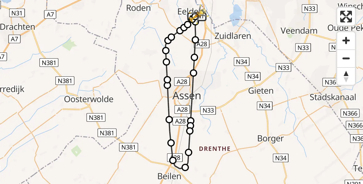 Vluchtroute Traumahelikopter van Groningen Airport Eelde naar Groningen Airport Eelde