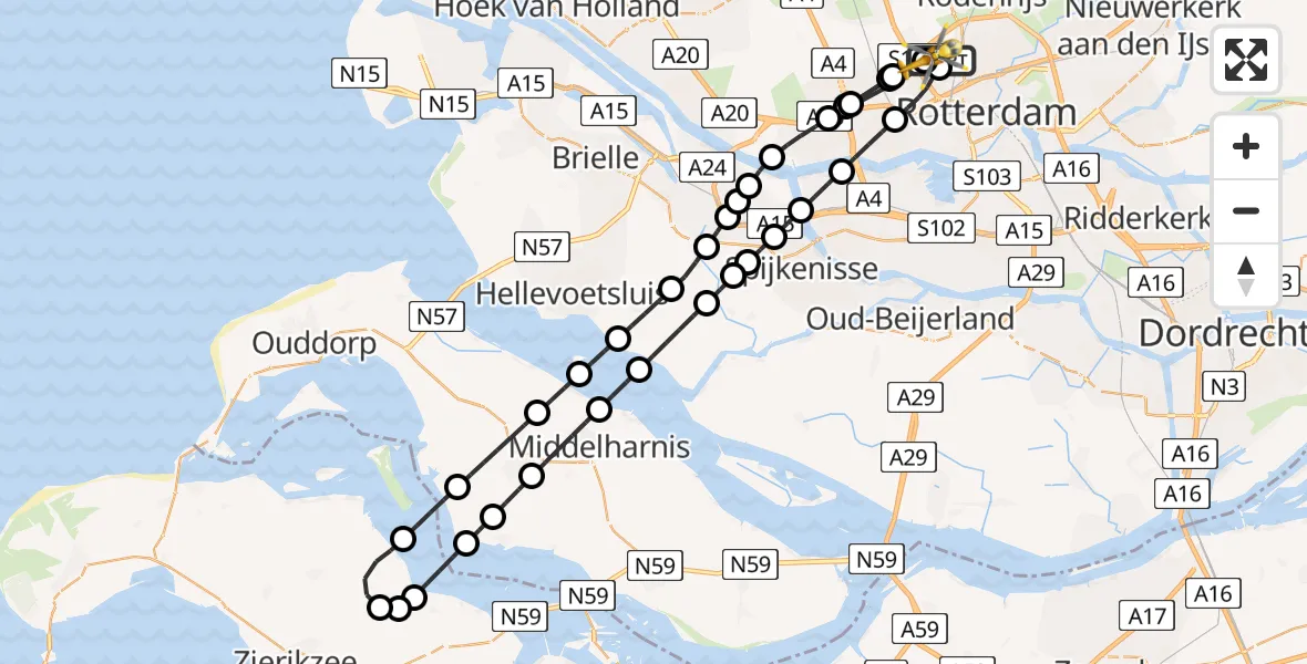 Vluchtroute Traumahelikopter van Rotterdam The Hague Airport naar Rotterdam The Hague Airport