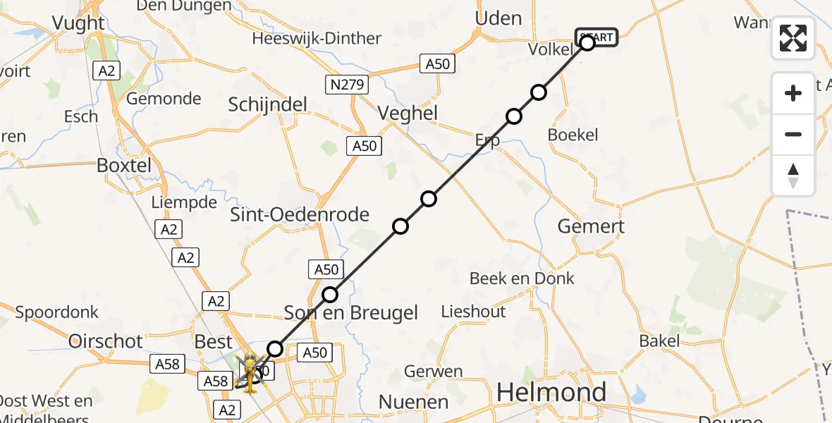 Vluchtroute Traumahelikopter van Vliegbasis Volkel naar Eindhoven