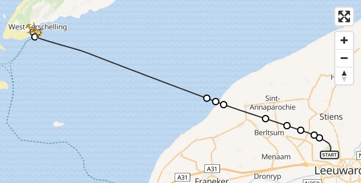 Vluchtroute Ambulancehelikopter van Vliegbasis Leeuwarden naar West-Terschelling