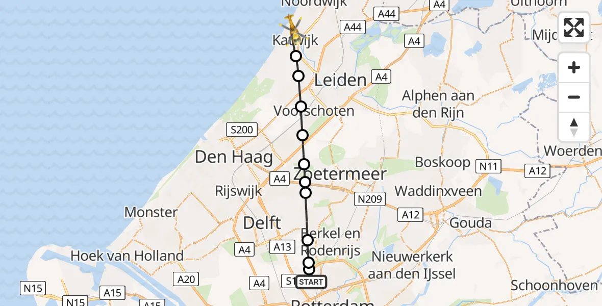 Vluchtroute Traumahelikopter van Rotterdam The Hague Airport naar Katwijk