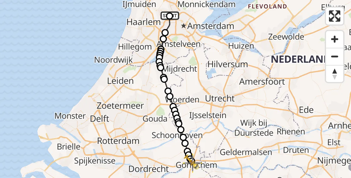 Vluchtroute Traumahelikopter van Amsterdam Heliport naar Gorinchem