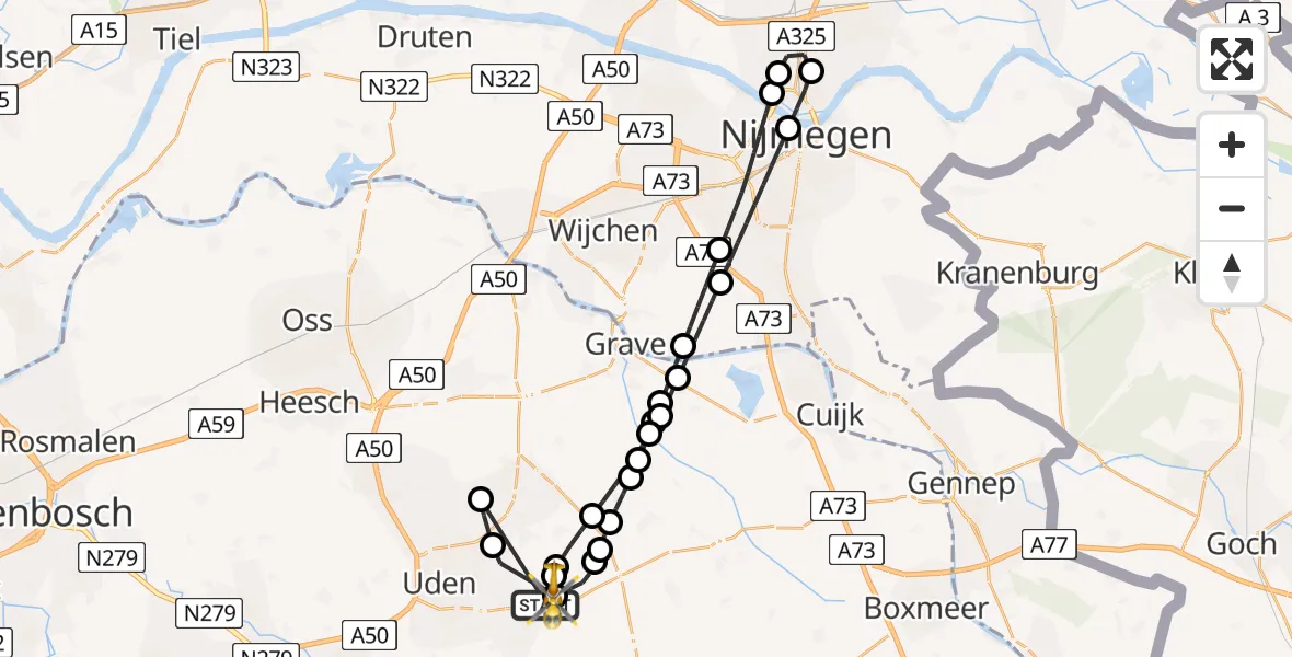Vluchtroute Traumahelikopter van Vliegbasis Volkel naar Vliegbasis Volkel
