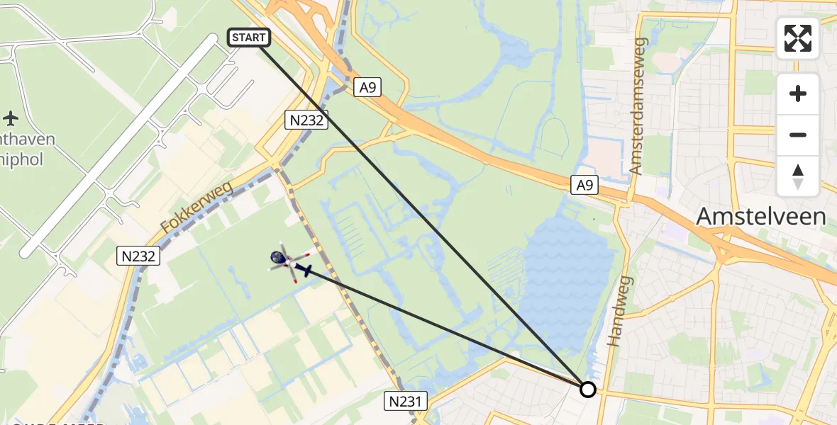 Vluchtroute Politiehelikopter van Amsterdam Vliegveld Schiphol naar Aalsmeer