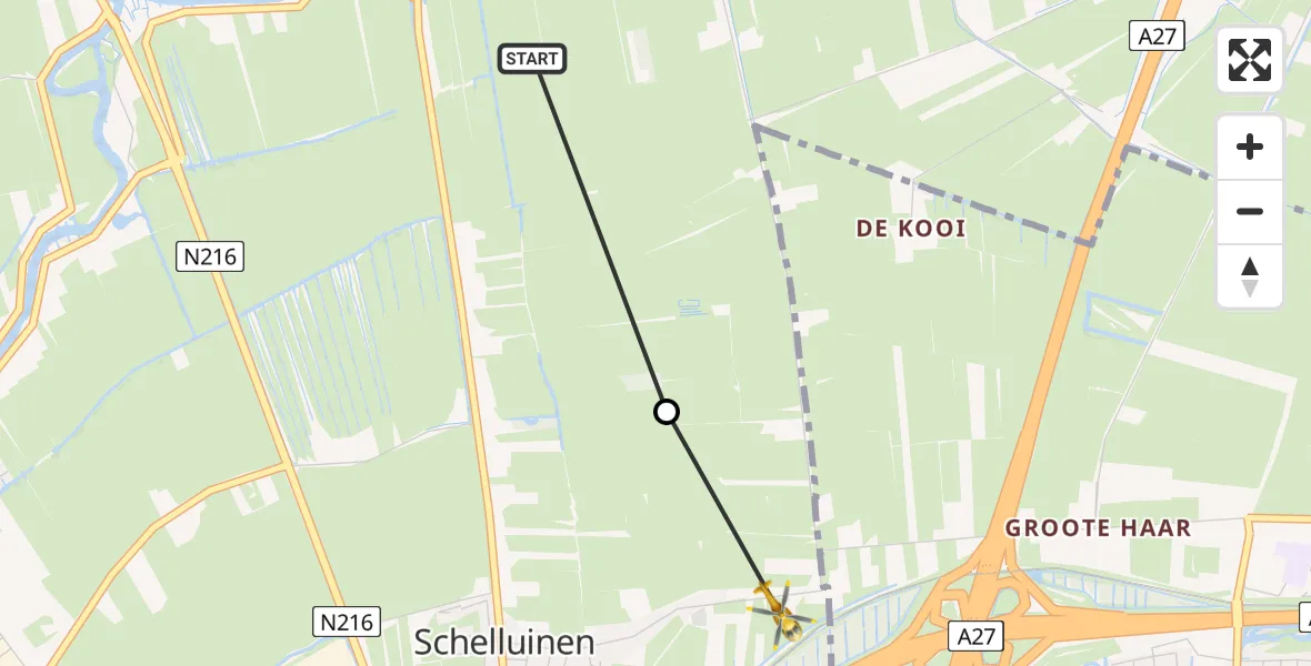 Vluchtroute Traumahelikopter van Hoornaar naar Schelluinen
