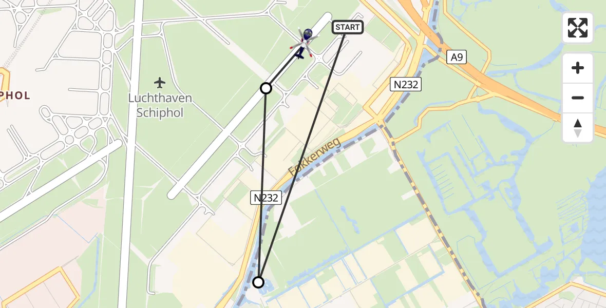 Vluchtroute Politiehelikopter van Amsterdam Vliegveld Schiphol naar Amsterdam Vliegveld Schiphol