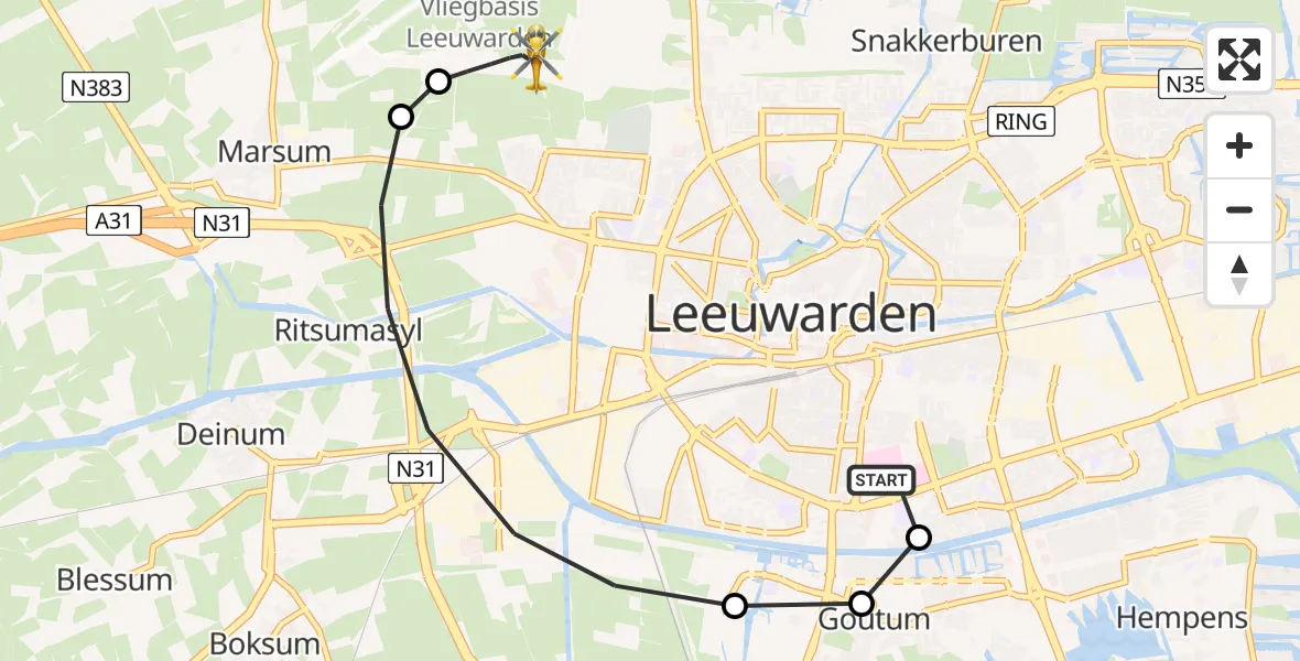 Vluchtroute Ambulancehelikopter van Leeuwarden Medical Center Heliport naar Vliegbasis Leeuwarden