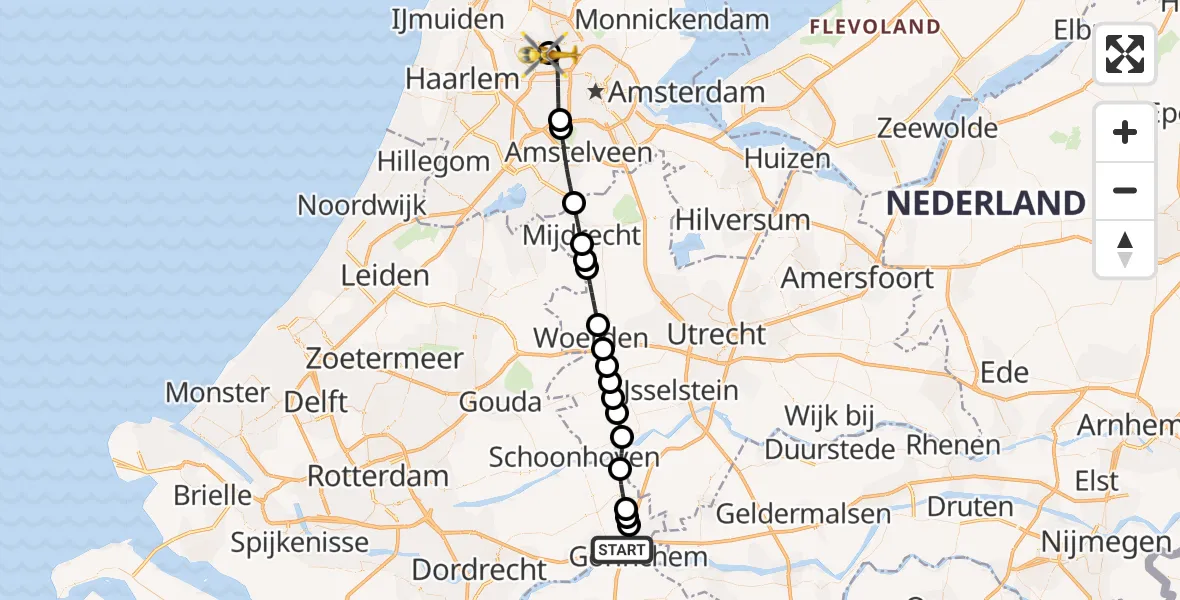 Vluchtroute Traumahelikopter van Gorinchem naar Amsterdam Heliport