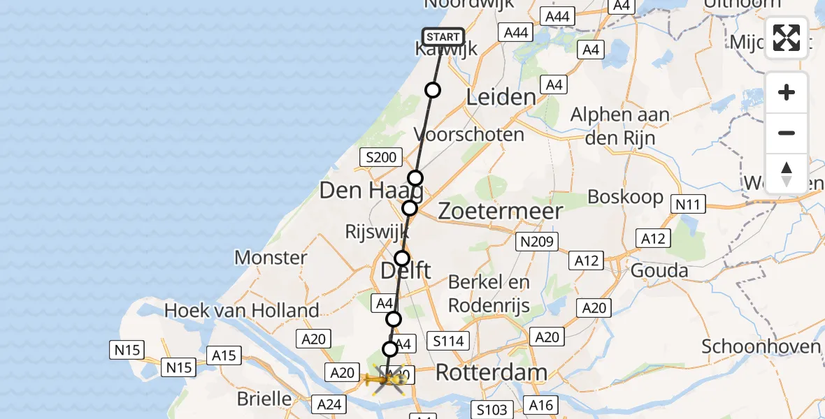 Vluchtroute Traumahelikopter van Katwijk naar Vlaardingen