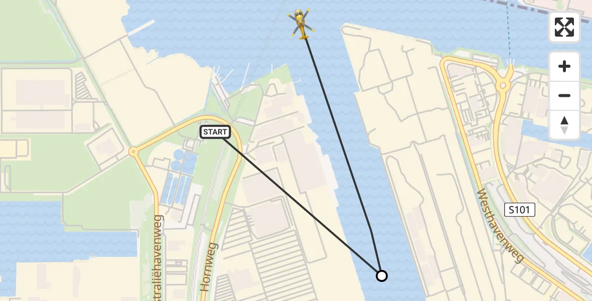 Vluchtroute Traumahelikopter van Amsterdam Heliport naar Amsterdam