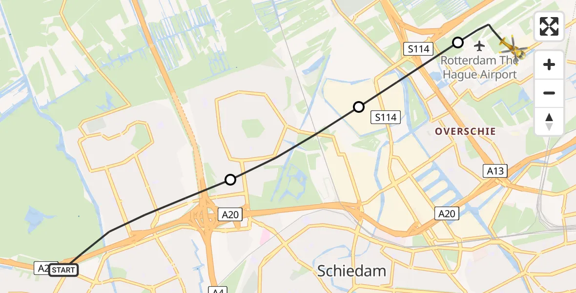 Vluchtroute Traumahelikopter van Vlaardingen naar Rotterdam The Hague Airport